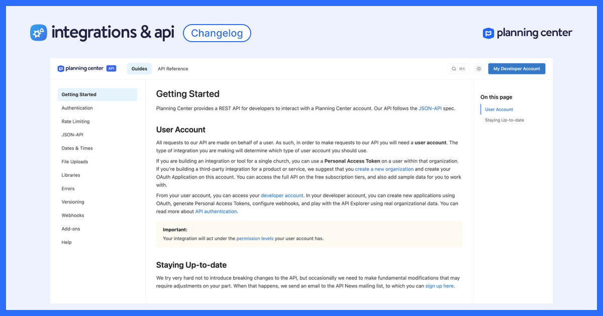 Improved: Developer documentation site - Planning Center Changelog